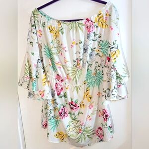 Floral Off-Shoulder Blouse - White with Pink and Green Accents